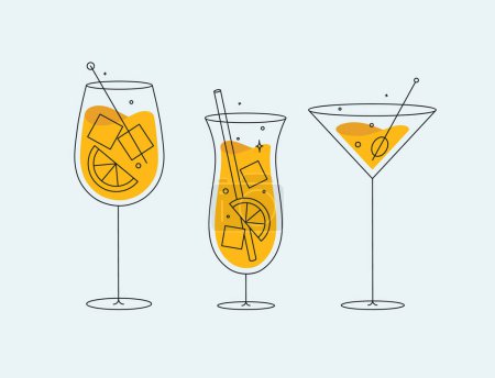 Ilustración de Copas de cóctel spritz pina colada dibujo cosmopolita en estilo de línea plana sobre fondo claro - Imagen libre de derechos