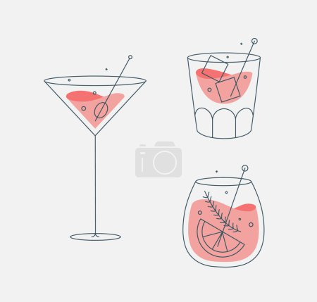 Illustration for Cocktail glasses cosmopolitan whiskey old fashioned drawing in flat line style - Royalty Free Image