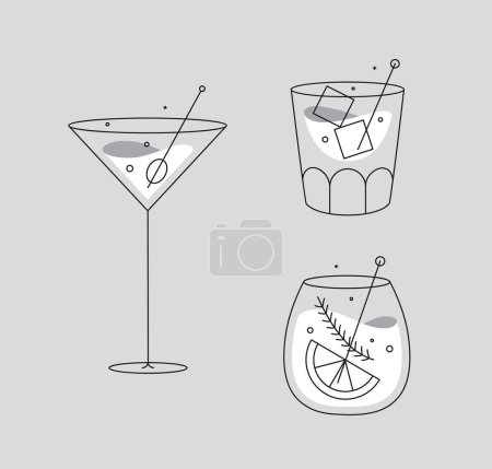 Téléchargez les illustrations : Verres à cocktail whisky cosmopolite dessin à l'ancienne dans un style plat sur fond gris - en licence libre de droit