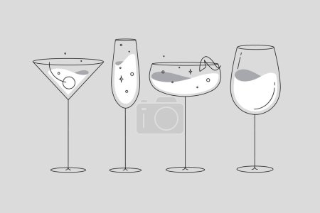 Téléchargez les illustrations : Cocktail verres manhattan champagne vin daiquiri dessin dans le style ligne plate sur fond gris - en licence libre de droit