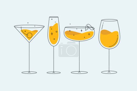 Téléchargez les illustrations : Cocktail verres manhattan champagne vin daiquiri dessin dans le style ligne plate sur fond clair - en licence libre de droit
