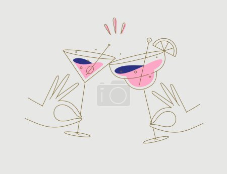 Illustration for Hand holding margarita and manhattan cocktails clinking glasses drawing in flat line style on beige background - Royalty Free Image