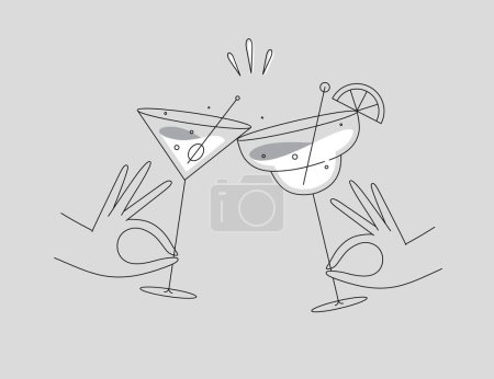 Ilustración de Mano celebración de margarita y cócteles Manhattan tintineo gafas de dibujo en estilo de línea plana sobre fondo gris - Imagen libre de derechos