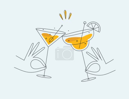 Ilustración de Mano celebración de margarita y cócteles Manhattan tintineo gafas de dibujo en estilo de línea plana sobre fondo claro - Imagen libre de derechos