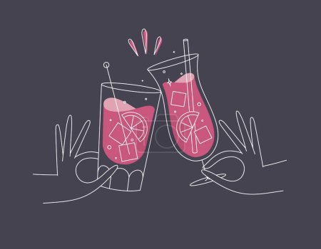 Illustration for Hand holding pina colada and cuba libre cocktails clinking glasses drawing in flat line style on dark blue background - Royalty Free Image