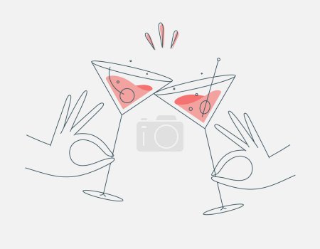 Illustration for Hand holding cosmopolitan and manhattan cocktails clinking glasses drawing in flat line style - Royalty Free Image