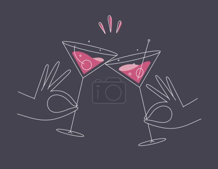 Illustration for Hand holding cosmopolitan and manhattan cocktails clinking glasses drawing in flat line style on dark blue background - Royalty Free Image