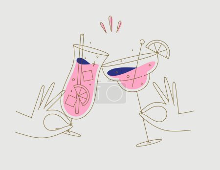 Illustration for Hand holding pina colada and margarita cocktails clinking glasses drawing in flat line style on beige background - Royalty Free Image