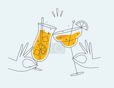 Téléchargez les illustrations : Main tenant pina colada et margarita cocktails clinking lunettes dessin dans le style ligne plate sur fond clair - en licence libre de droit