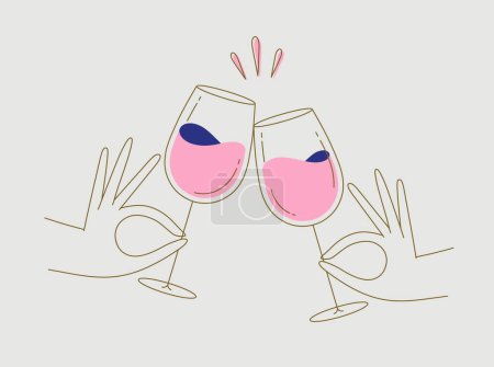 Illustration for Hand holding wine clinking glasses drawing in flat line style on beige background - Royalty Free Image
