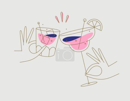 Téléchargez les illustrations : Main tenant des cocktails whisky et margarita clinking glasses dessin dans le style ligne plate sur fond beige - en licence libre de droit