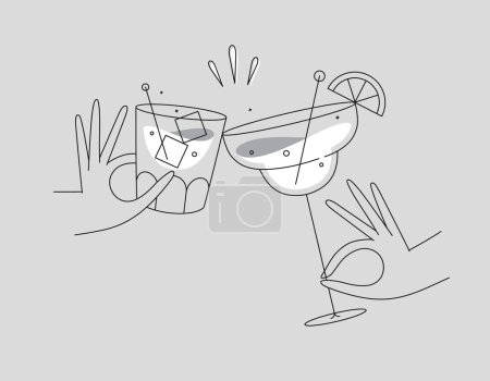 Illustration for Hand holding whiskey and margarita cocktails clinking glasses drawing in flat line style on grey background - Royalty Free Image