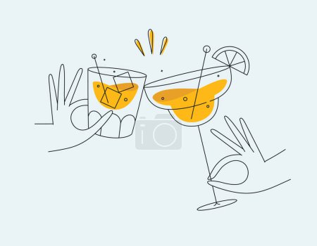 Illustration for Hand holding whiskey and margarita cocktails clinking glasses drawing in flat line style on light background - Royalty Free Image