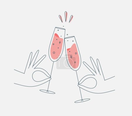 Hand holding champagne clinking glasses drawing in flat line style