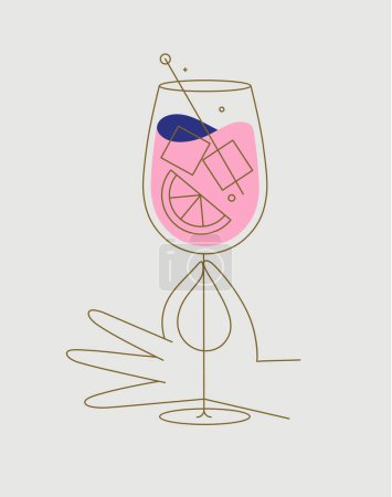 Téléchargez les illustrations : Main tenant verre de spritz cocktail dessin dans le style ligne plate sur fond beige - en licence libre de droit