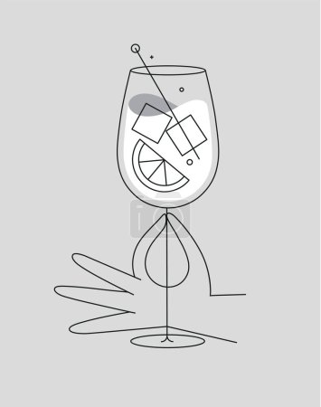 Téléchargez les illustrations : Main tenant verre de spritz cocktail dessin dans le style ligne plate sur fond gris - en licence libre de droit
