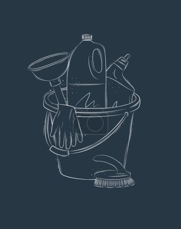 Illustration for Cleaning bathroom supplies tools accessories cleaner, brush, bucket, plunger, gloves drawing in graphic style on blue background - Royalty Free Image
