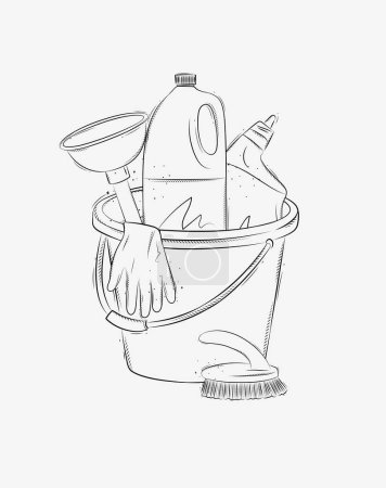 Illustration for Cleaning bathroom supplies tools accessories cleaner, brush, bucket, plunger, gloves drawing in graphic style on white background - Royalty Free Image