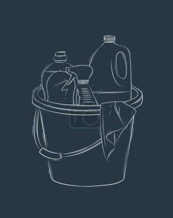 Illustration for Cleaning supplies tools accessories bucket, rag, glass cleaner drawing in graphic style on blue background - Royalty Free Image