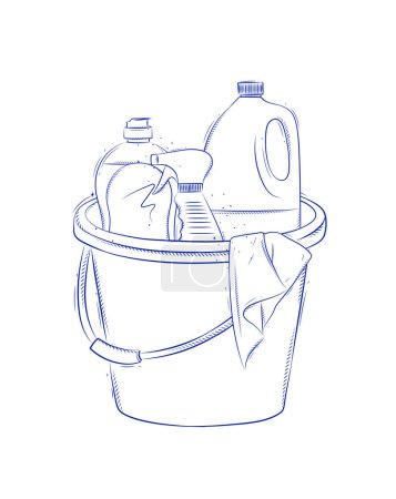 Illustration for Cleaning supplies tools accessories bucket, rag, glass cleaner drawing in graphic style on light background - Royalty Free Image