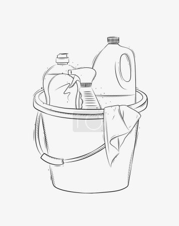 Cleaning supplies tools accessories bucket, rag, glass cleaner drawing in graphic style on white background