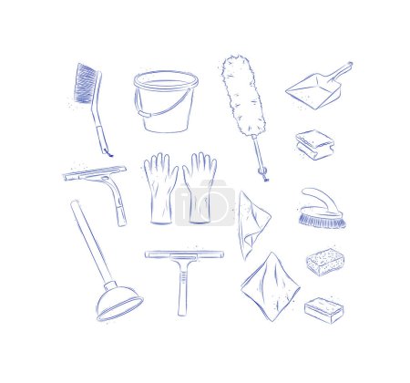 Illustration for Cleaning bathroom supplies tools accessories brush, bucket, gloves, scraper, sponge, dustpan, napkins, plunger drawing in graphic style on light background - Royalty Free Image