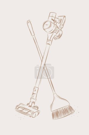 Illustration for Cordless vacuum cleaner and flat broom drawing in graphic style on beige background - Royalty Free Image