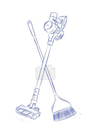 Illustration for Cordless vacuum cleaner and flat broom drawing in graphic style on light background - Royalty Free Image