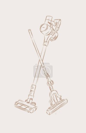 Illustration for Cordless vacuum cleaner and sponge mop drawing in graphic style on beige background - Royalty Free Image