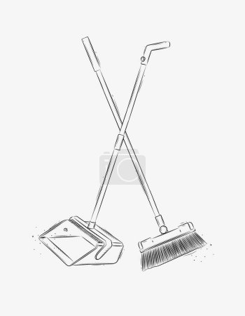Ilustración de Escoba plana y dibujo del basurero en estilo gráfico sobre fondo blanco - Imagen libre de derechos