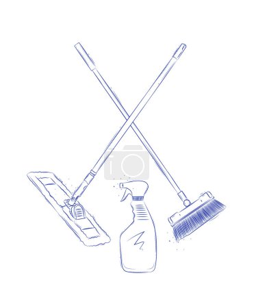 Ilustración de Fregona plana, escoba y vidrio limpiador dibujo en estilo gráfico sobre fondo claro - Imagen libre de derechos