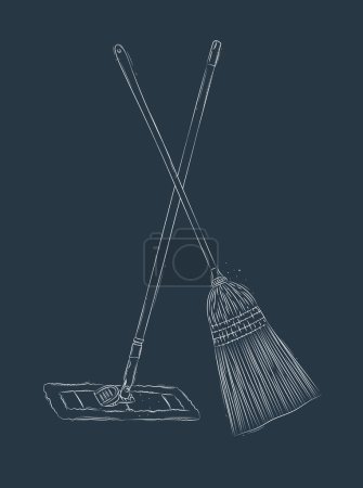 Illustration for Broom and flat mop drawing in graphic style on blue background - Royalty Free Image