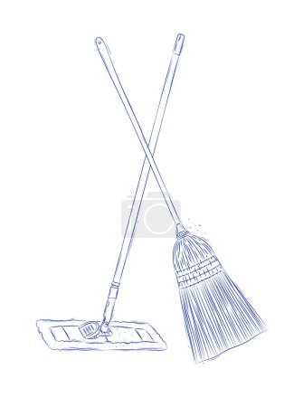 Illustration for Broom and flat mop drawing in graphic style on light background - Royalty Free Image