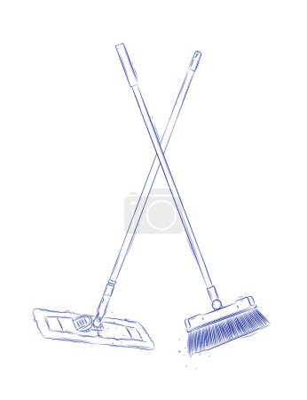 Illustration for Flat mop and broom drawing in graphic style on light background - Royalty Free Image