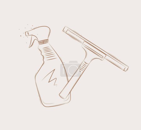 Illustration for Glass scraper and cleaner drawing in graphic style on beige background - Royalty Free Image