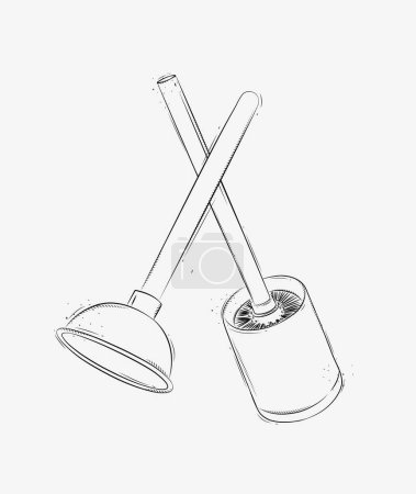 Illustration for Cleaning tools toilet brush and plunger drawing in graphic style on white background - Royalty Free Image