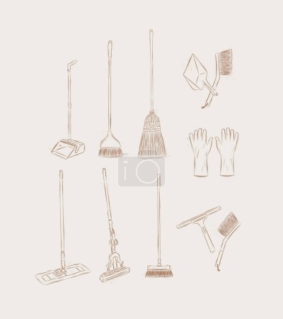 Illustration for Floor cleaning tools accessories broom, dustpan, mop, gloves, scraper, brush drawing in graphic style on beige background - Royalty Free Image