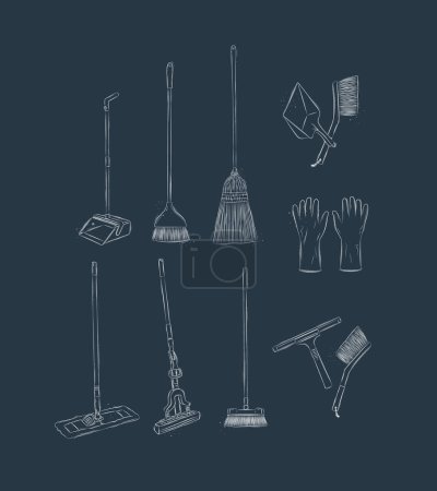 Illustration for Floor cleaning tools accessories broom, dustpan, mop, gloves, scraper, brush drawing in graphic style on blue background - Royalty Free Image