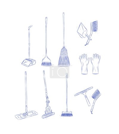 Téléchargez les illustrations : Outils de nettoyage de sol accessoires balai, poêle à poussière, serpillière, gants, grattoir, dessin au pinceau dans un style graphique sur fond clair - en licence libre de droit