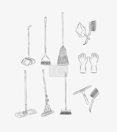 Illustration for Floor cleaning tools accessories broom, dustpan, mop, gloves, scraper, brush drawing in graphic style on white background - Royalty Free Image
