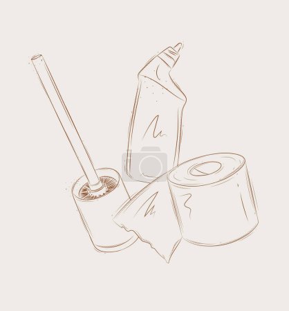 Illustration for Toilet cleaning accessories cleaner, paper, brush drawing in graphic style on beige background - Royalty Free Image