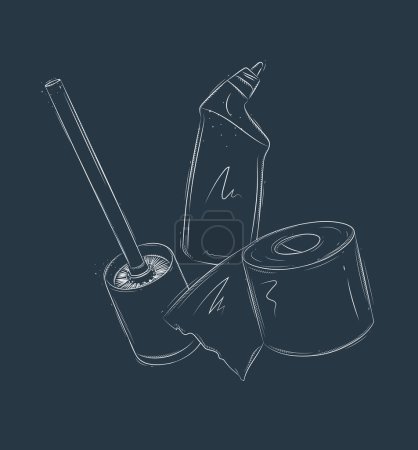 Ilustración de Limpieza de inodoros accesorios limpiador, papel, dibujo de pincel en estilo gráfico sobre fondo azul - Imagen libre de derechos