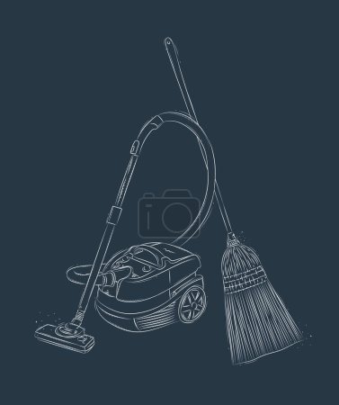 Illustration for Vacuum cleaner and broom drawing in graphic style on blue background - Royalty Free Image