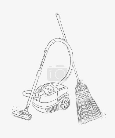 Illustration for Vacuum cleaner and broom drawing in graphic style on white background - Royalty Free Image