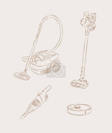 Illustration for Vacuum cleaner set regular, cordless, robot, portable drawing in graphic style on beige background - Royalty Free Image