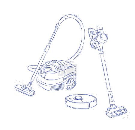 Illustration for Vacuum cleaner types regular, cordless, robot drawing in graphic style on light background - Royalty Free Image