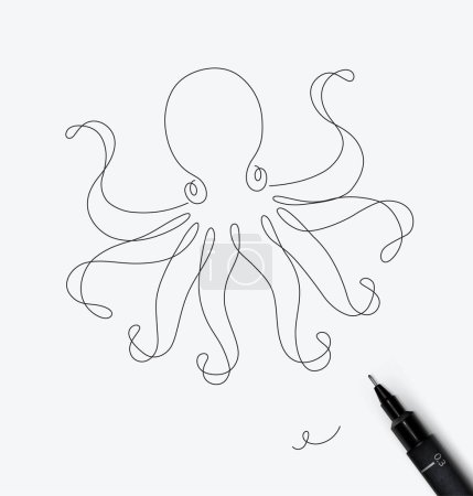 Téléchargez les illustrations : Pieuvre dessin de la créature marine dans le style de ligne de stylo sur fond blanc - en licence libre de droit