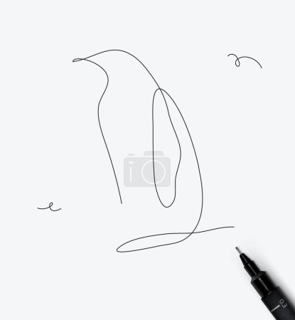 Ilustración de Pingüino criatura marina dibujo en estilo de línea de pluma minimalismo sobre fondo blanco - Imagen libre de derechos