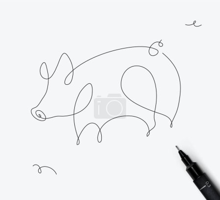 Téléchargez les illustrations : Dessin de porc dans le style minimalisme ligne de stylo sur fond blanc - en licence libre de droit