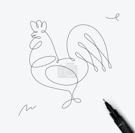 Ilustración de Dibujo de gallo en estilo de línea de pluma minimalismo sobre fondo blanco - Imagen libre de derechos